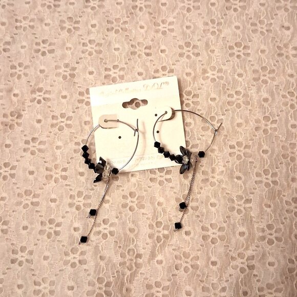 NEW Genuine Black Austrian Crystal Floral Hoop Earrings 30mm Women Jewelry - Picture 7 of 7